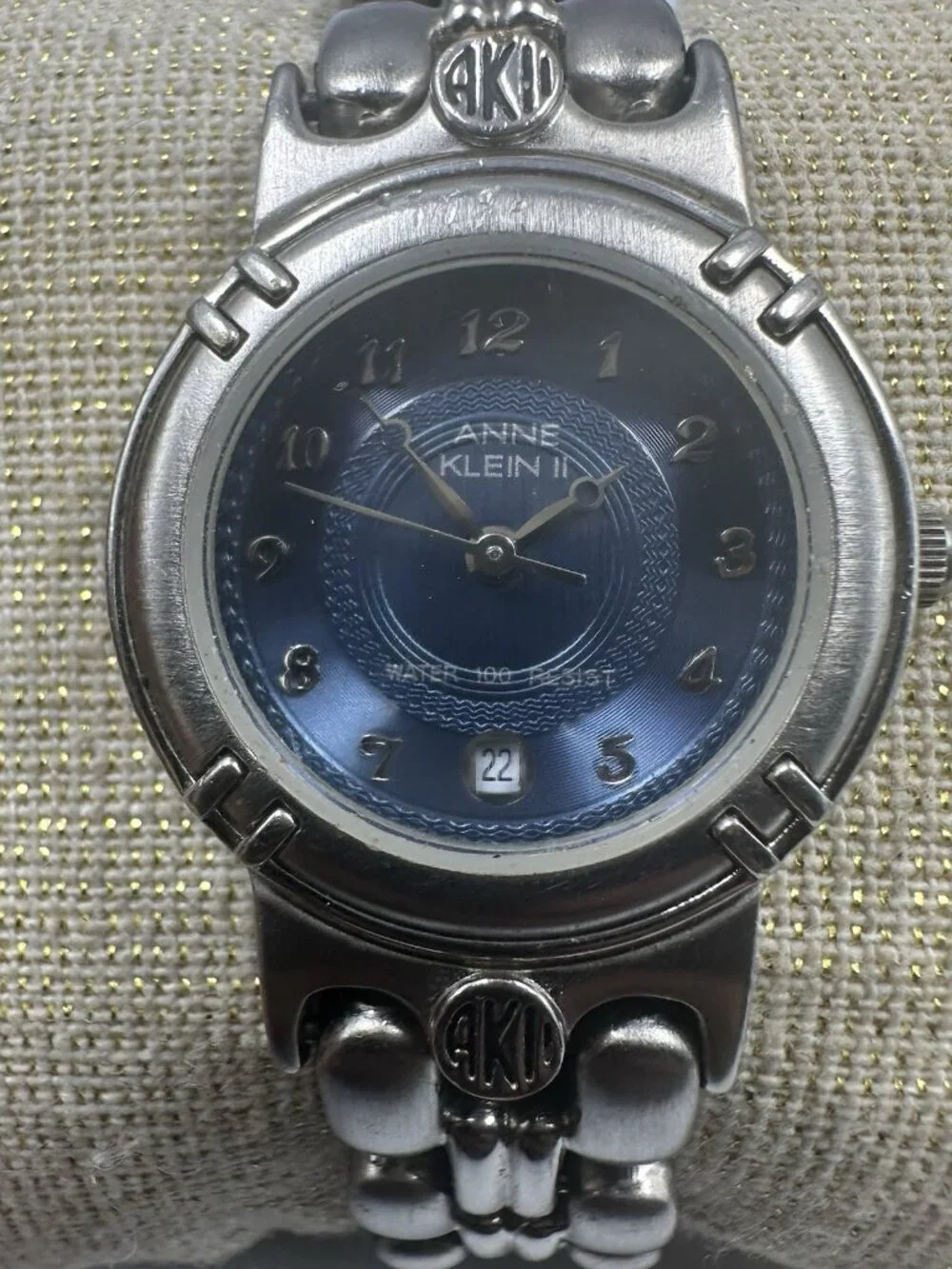 3/$30 Anne Klein Watch Silver Tone Blue Dial Date Window New Battery 6.75